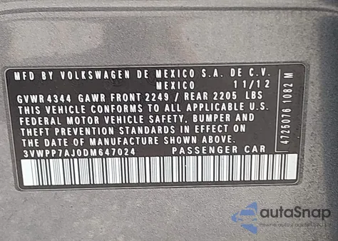 2013 Volkswagen Jetta Sportwagen 2.5L S из США, поврежденный, VIN 3VWPP7AJ0DM647024